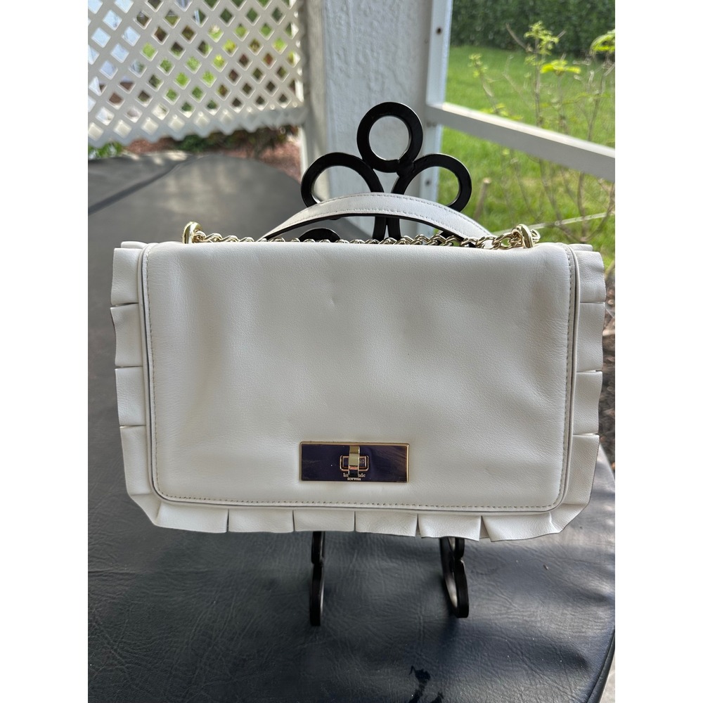 Kate Spade Adelina White Leather Ruffle Trim Shoulder Bag Gold Chain Turn Lock
